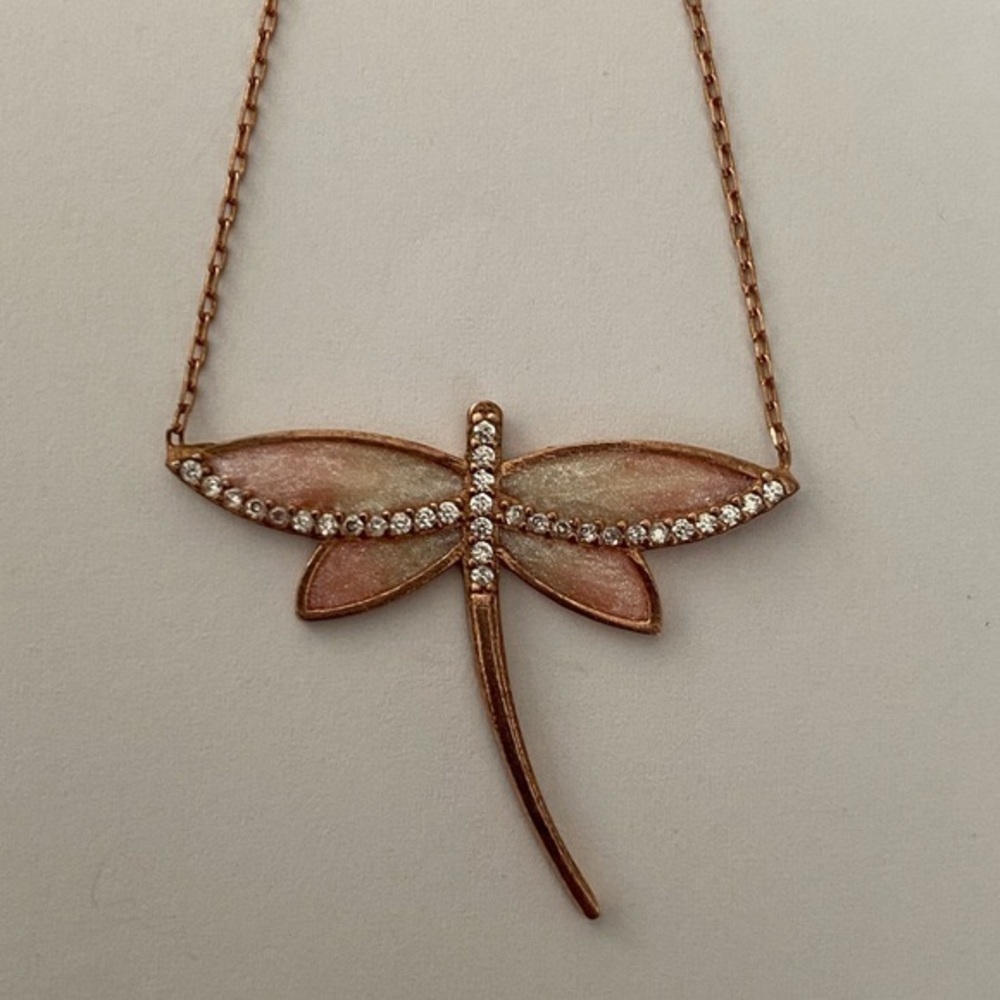 925 Silver pink dragonfly enamel cz stones necklace 14K rose gold plated